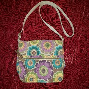 Relic Floral Crossbody Purse Canvas Purple Tan Print